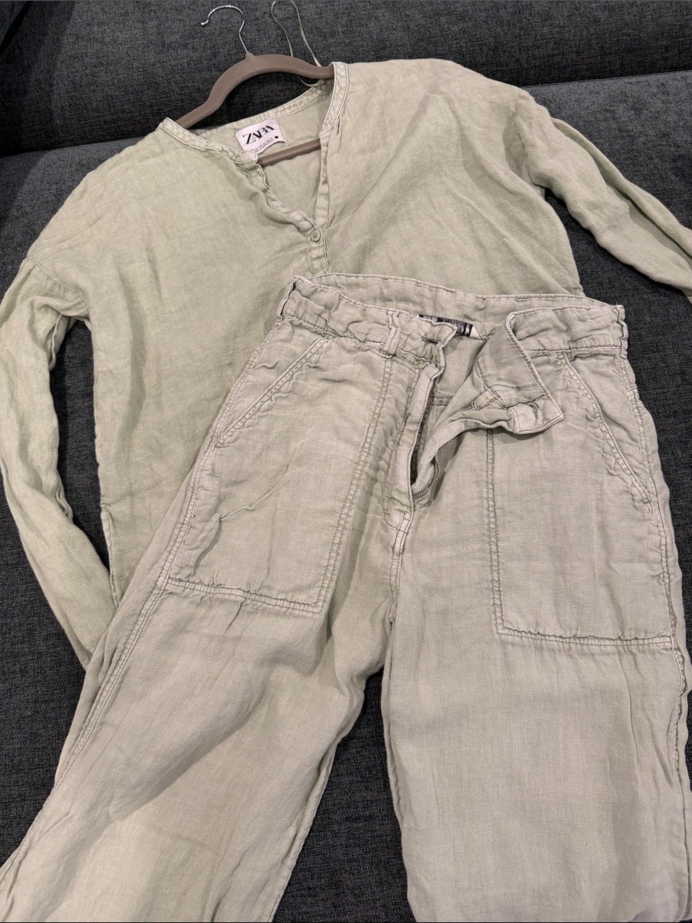 Zara Light Sage Wide-Leg Linen-Blend Utility Pants